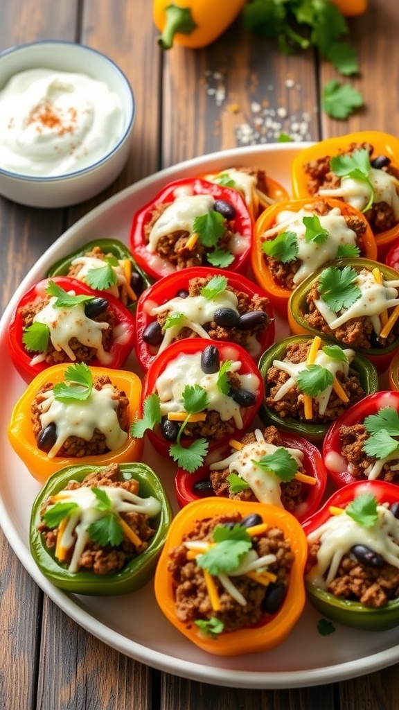 A plate of taco-stuffed mini peppers filled with beef, beans, and cheese, garnished with cilantro, served with sour cream on the side.